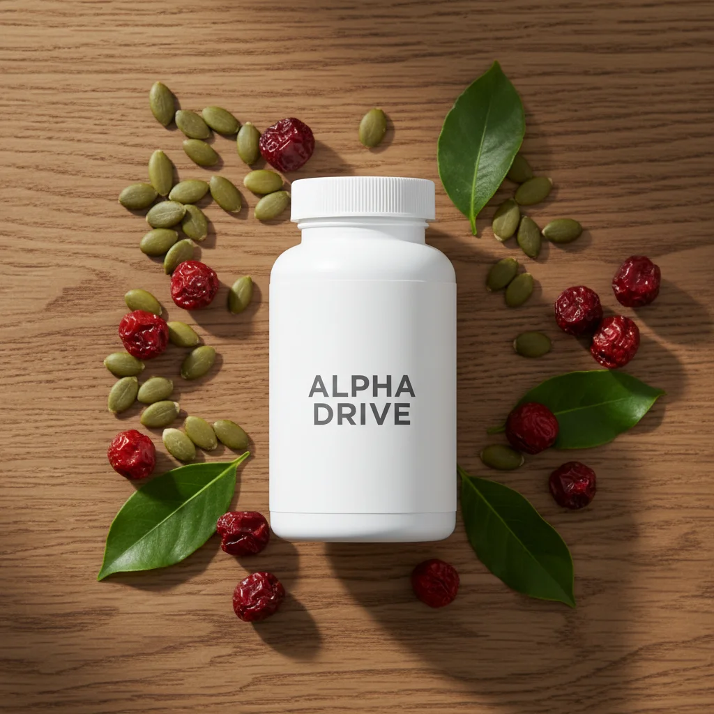 Alpha Drive fles naast pompoenzaden en zaagpalmbessen op houten ondergrond